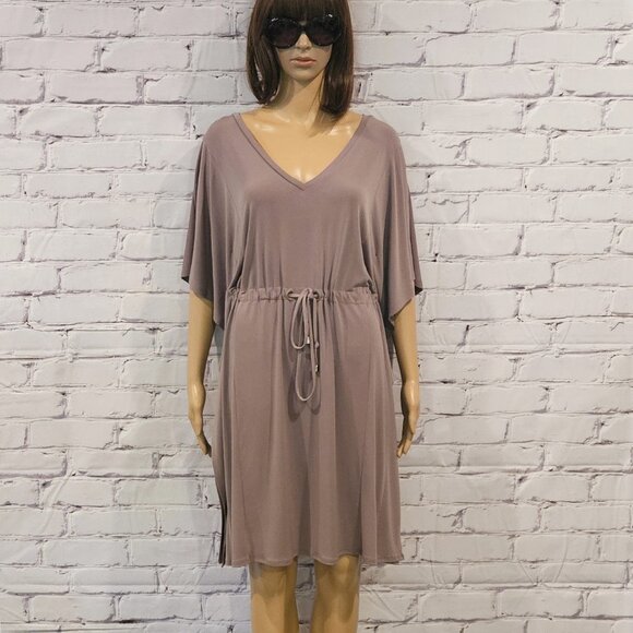 CALVIN KLEIN - Taupe pullover v-neck batwing dress with drawstring waist - Picture 4 of 10
